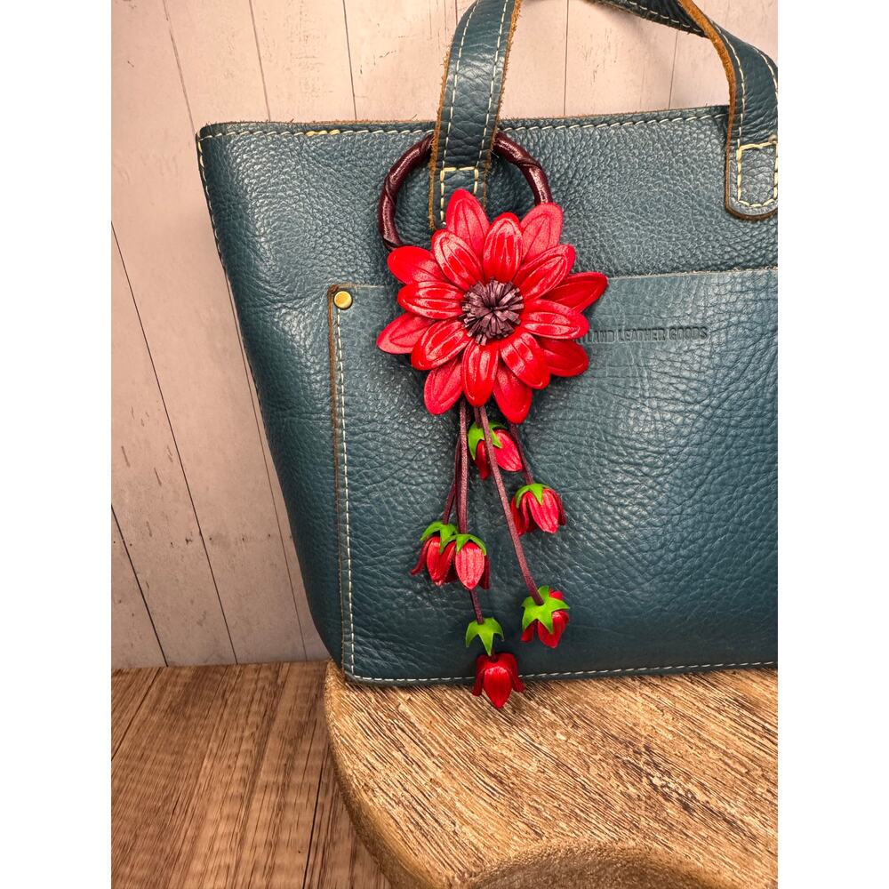 Genuine Leather Flower Purse Charm Red Daisy Flower Leather Bag Charm NEW!